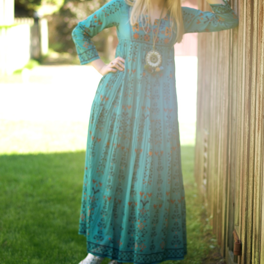 Boho cotton embroidered prairie floral maxi dress